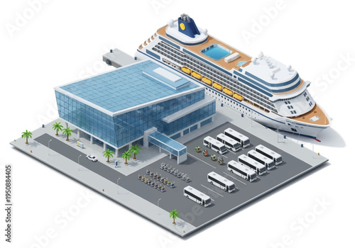 Cruise ship terminal and passenger buses at a modern port facility