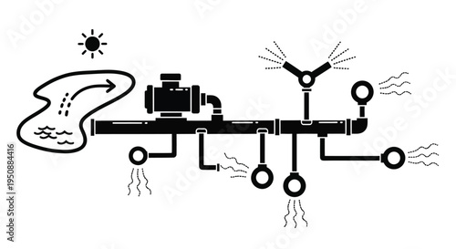 Illustration of an irrigation system with a water source and sprinklers