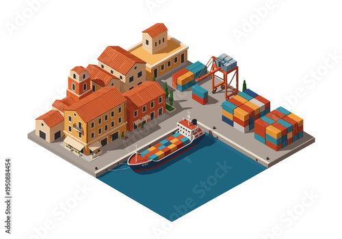 Isometric illustration of a busy shipping port with cargo ships and containers ready for transport