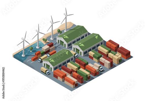Industrial port with cargo containers, trucks, and wind turbines, representing logistics and renewable energy solutions