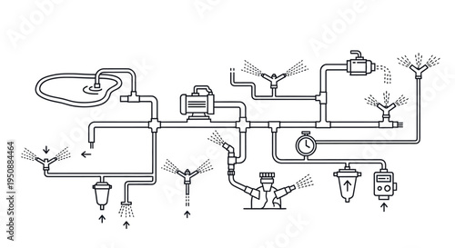 Schematic illustration of an irrigation system with various components and water flow