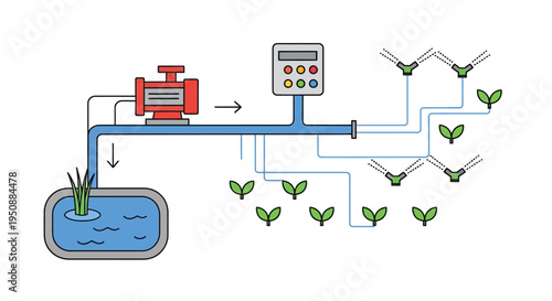 Automated irrigation system diagram showing water source pump controller and sprinklers