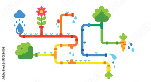 Colorful pipes deliver water to a flower tree carrot and other greenery