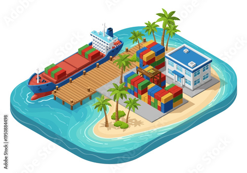 Isometric view of a bustling shipping port on a tropical island with cargo ships, containers, and buildings