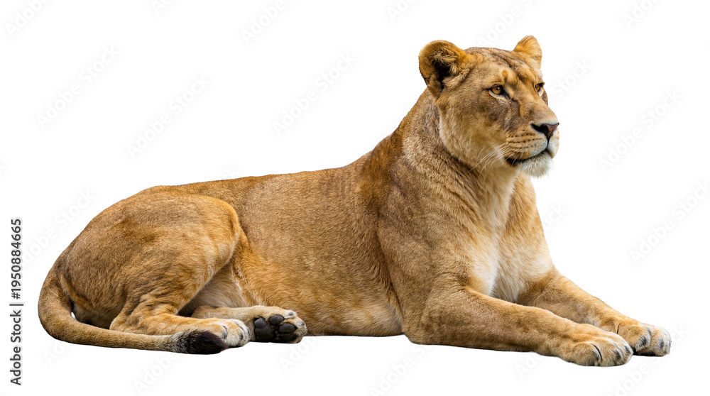 Obraz premium Majestic lioness resting peacefully, captured in a detailed full-body photograph isolated on a transparent background.