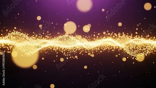 Abstract golden glowing particles wave on a dark background