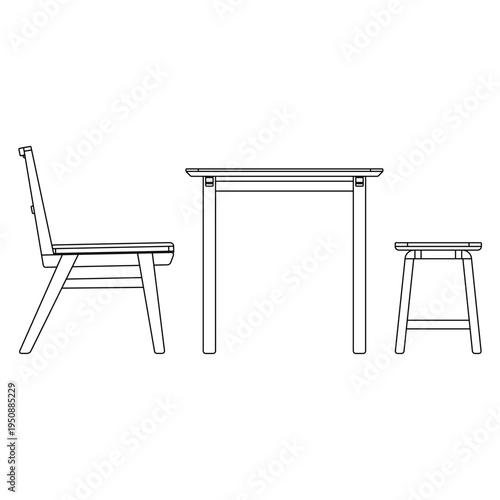Side view outline illustration of dining furniture set with table, two chairs and bench. Minimal technical line drawing ideal for furniture design reference and interior presentation.