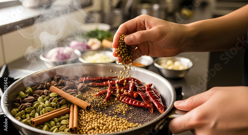 Close up of a hand sprinkling coriander seeds into a hot pan filled with cinnamon sticks, chilies and cardamom
