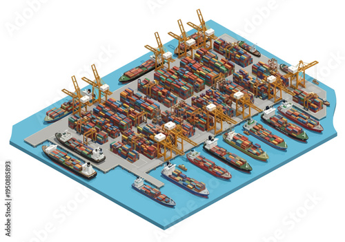 Global Shipping Logistics A busy container port with cargo ships and cranes in isometric view