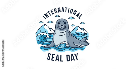 Vector illustration of a seal on International Seal Day with ocean waves and mountains, promoting marine mammal conservation awareness.