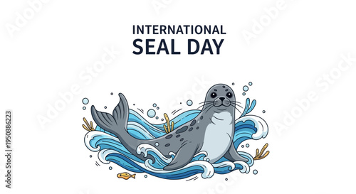 Vector illustration of a seal in natural habitat, celebrating International Seal Day with ocean waves and seaweed, promoting marine mammal conservation awareness.