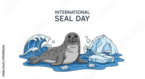 Illustration of a seal on melting ice with ocean waves for International Seal Day, promoting seal conservation awareness and marine mammal protection with a vector design.