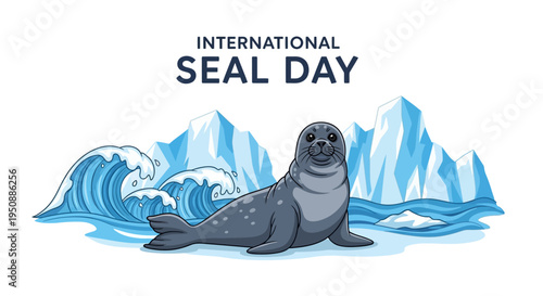 Illustration of a seal on International Seal Day with icebergs and waves, promoting marine mammal conservation awareness.