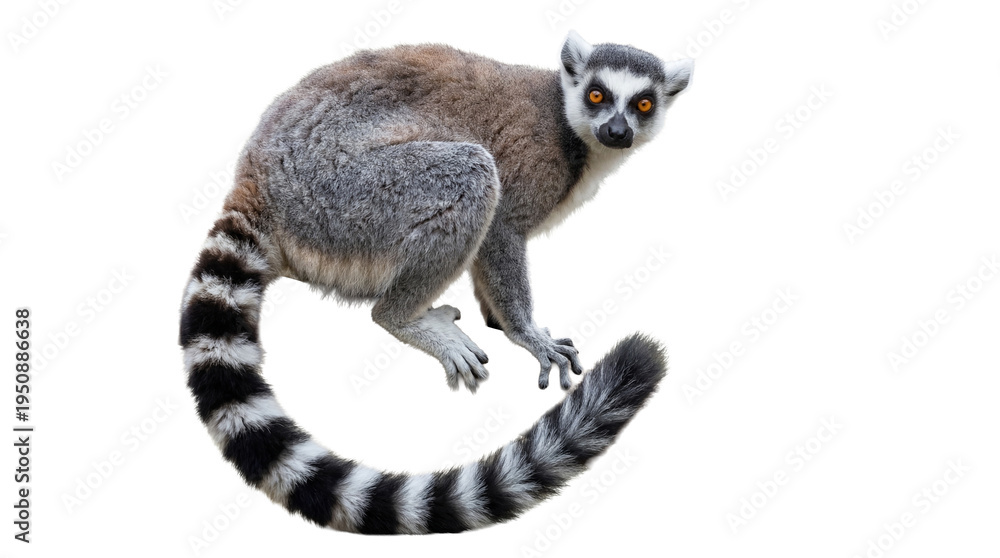 Fototapeta premium Adorable ring-tailed lemur with striking orange eyes and a long striped tail, gazing directly into the camera.