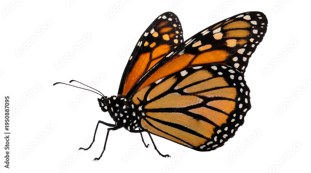 Fototapeta premium Vibrant monarch butterfly photograph, wings outstretched while isolated on a transparent background.