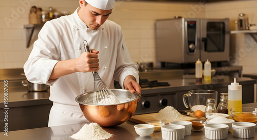 Male chef in white uniform using a large metal whisk to whip cream or batter inside a professional commercial kitchen