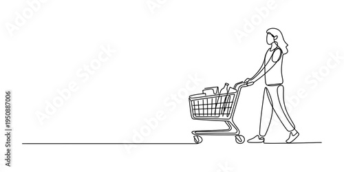 Continuous line drawing of a woman pushing a shopping cart full of groceries in a store.