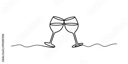 Two wine glasses clinking in a toast, drawn in a continuous line art style on a white background.
