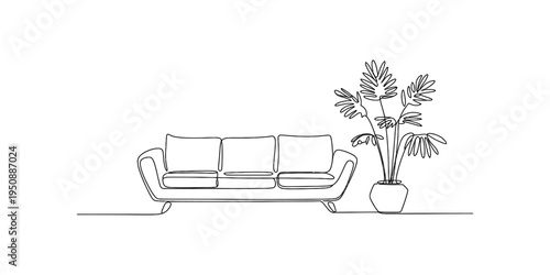 Minimalist continuous line drawing of a modern three seater sofa next to a potted houseplant