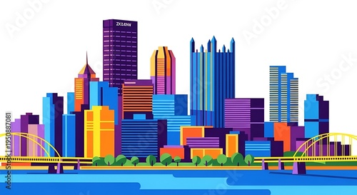 Vibrant Pittsburgh Skyline Illustration with Colorful Buildings and Bridges.