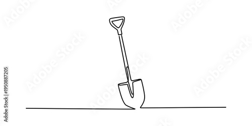 Continuous line drawing of a single shovel stuck in the ground against a white background.