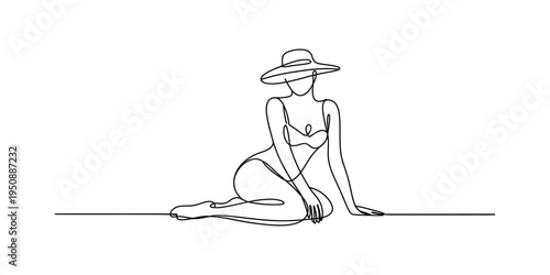 Continuous line drawing of a woman in a swimsuit and sun hat sitting on a horizontal line