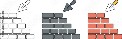 Minimalist Brick Wall Illustration Set Showing White, Gray, and Red Walls with Trowel Icons for Construction Vector Design