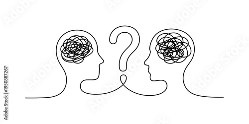 Line art of two human profiles with tangled thoughts and a central question mark symbol.