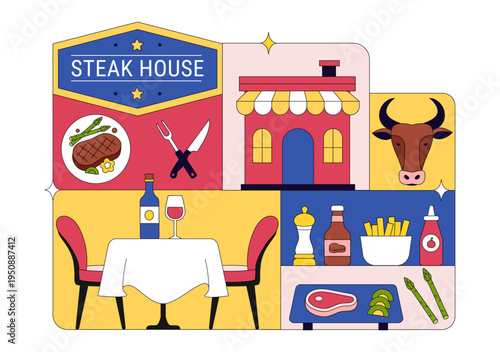 Steakhouse Restaurant Vector Illustration With Chef Grilling Beef Steak, Barbecue Kitchen Scene, Meat Menu Dining Concept And Culinary Food Service