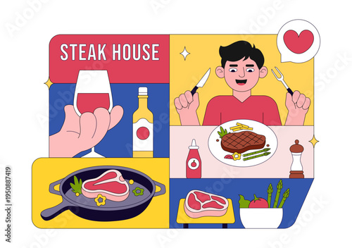 Steakhouse Restaurant Vector Illustration With Chef Grilling Beef Steak, Barbecue Kitchen Scene, Meat Menu Dining Concept And Culinary Food Service