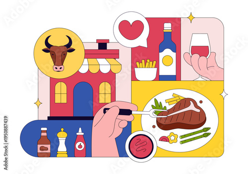 Steakhouse Restaurant Vector Illustration With Chef Grilling Beef Steak, Barbecue Kitchen Scene, Meat Menu Dining Concept And Culinary Food Service