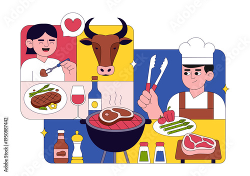 Steakhouse Restaurant Vector Illustration With Chef Grilling Beef Steak, Barbecue Kitchen Scene, Meat Menu Dining Concept And Culinary Food Service