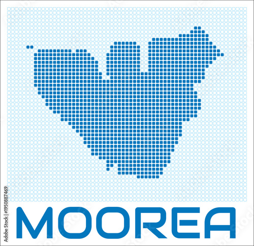 Moorea digital style map with blue rounded rectangle dots. French Polynesia. Dotted shape of the island. Moorea blue colored map and title on white background. Stylish Vector Illustration.