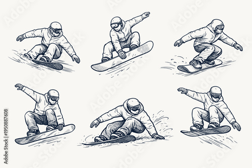Hand Drawn Snowboarding Action Poses and Winter Sports Sketch Set Featuring Athletes Jumping and Carving on Snowboards in Vintage Ink Style for Extreme Sports Design and Winter Season Branding