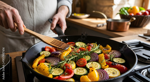 Close up of a person using a wooden spatula to cook a colorful mix of zucchini peppers and onions with fresh rosemary