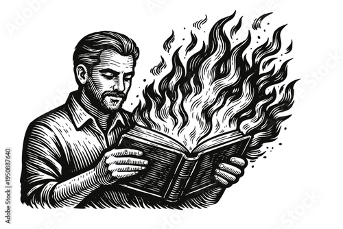 Man Calmly Reading a Burning Book with Intense Flames, Woodcut Style Illustration Representing Passionate Learning, Forbidden Knowledge, Intellectual Enlightenment, and Powerful Ideas, Vector Art