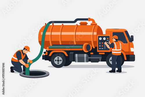 Professional Sanitation Workers Operating a Sewage Vacuum Truck to Clean a Septic Tank or Sewer System, Industrial Waste Removal and Maintenance Service Vector Illustration on Gray Background