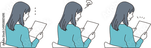 書類を見つめる女性の表情パターンイラスト素材