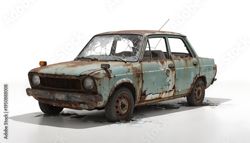 Abandoned rusty vintage car in snowy landscape with desolate mood