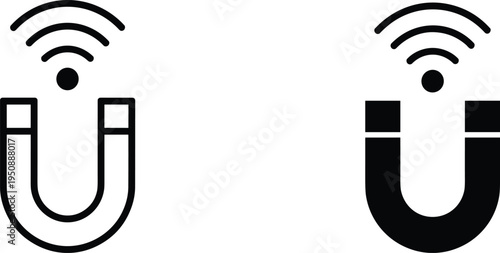 Magnet wireless signal icon set, magnetic attraction technology symbol with connection waves for communication network and data transfer