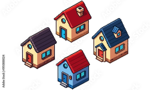 Pixel art isometric houses in a neutral setting, showcasing charming cottages and cozy dwellings