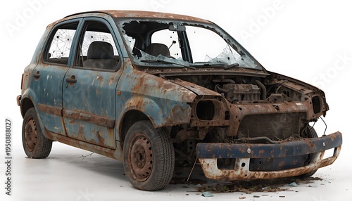 Abandoned rusty blue car wreck in snowy outdoor junkyard with damaged body