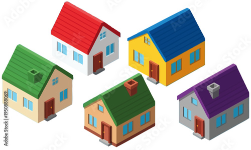 Collection of diverse isometric cartoon houses with vibrant roofs, a charming set of residential buildings for real estate and urban design projects