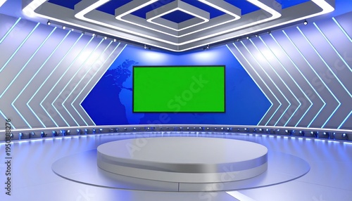 High-tech virtual news studio set with green screen display, modern stage, and futuristic blue lighting.