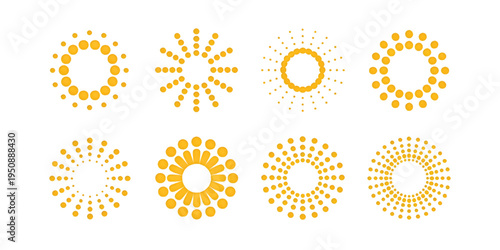 A collection of eight unique circular geometric patterns made of yellow dots on a white background