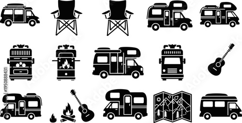 Camping and Van Life Icon Set Featuring Recreational Vehicles Motorhomes Folding Chairs Campfires Acoustic Guitars Maps and Outdoor Adventure Equipment for Travel and Tourism