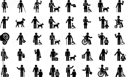 Accessibility and Inclusive Design Icon Set Featuring People with Disabilities Assistive Technology Mobility Aids Service Animals Braille 
