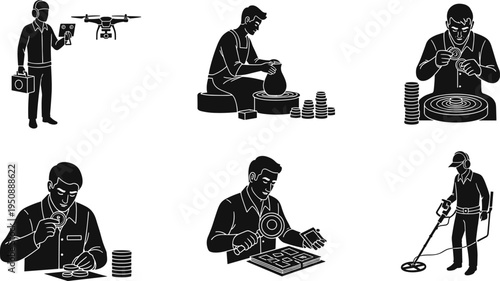 Hobbyist and Collector Icon Set Featuring Pottery Artisans Coin Collectors Metal Detectorists Rare Stamp Researchers and Specialized Tools for Creative Arts and Historical Exploration