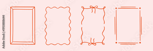 Border hand drawn line frame set. Hand drawn border line frame ribbon bow ornament vintage wedding card. Cute romantic valentine invite decoration elegant love poster design. Vector illustration
