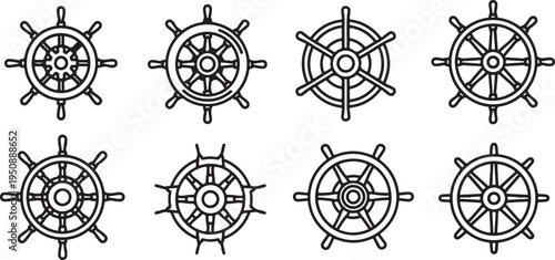 Eight distinct ship wheel illustrations showcasing various design elements Vector